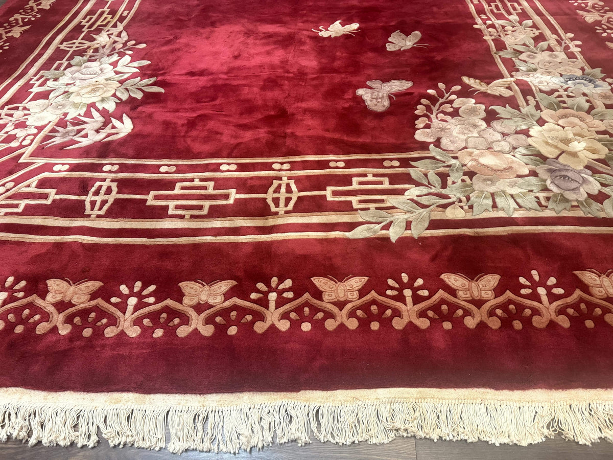 Palace Size Chinese Wool Rug 12x18, Red Art Deco Chinese Carving Carpet, Butterflies Flowers - Jewel Rugs, view 6