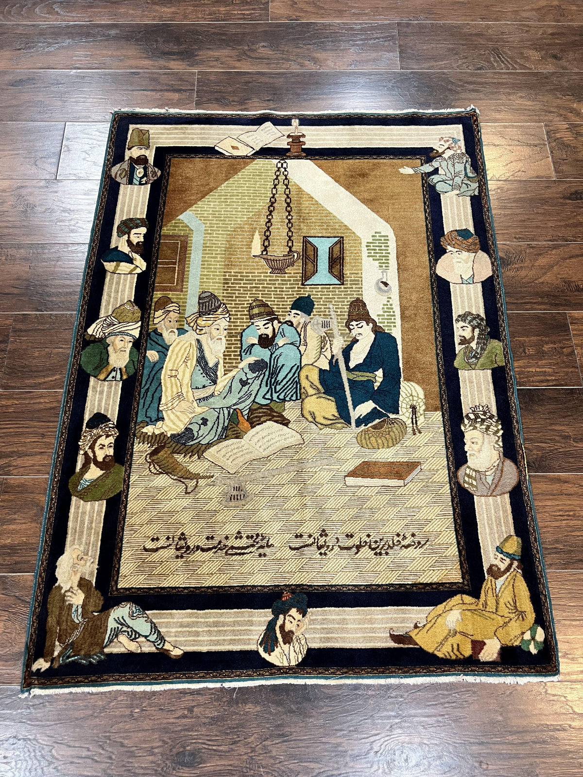 Persian Tabriz Pictorial Rug 3x5, Wall Hanging Carpet, Very Fine 60 Raj 475 KPSI, Hand Knotted Vintage Semi Antique, Wool, Persian Poetry - Jewel Rugs, view 2