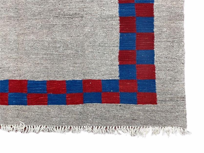 Gray Turkish Kilim Carpet 5' 7" x 7' 7", Medium Kilim Rug, Hand-Knotted, Blue & Red Border, Minimalistic Design, Geometric, Wool, New - Jewel Rugs, view 10