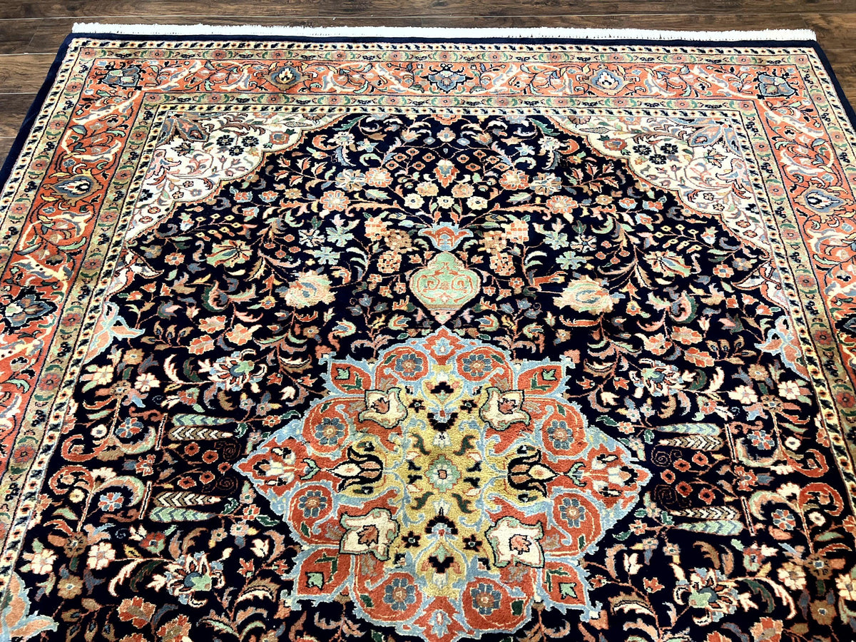 Indo Persian Rug 8x10, Midnight Blue & Red, Handmade Vintage Wool Carpet, Floral Medallion - Jewel Rugs, view 13