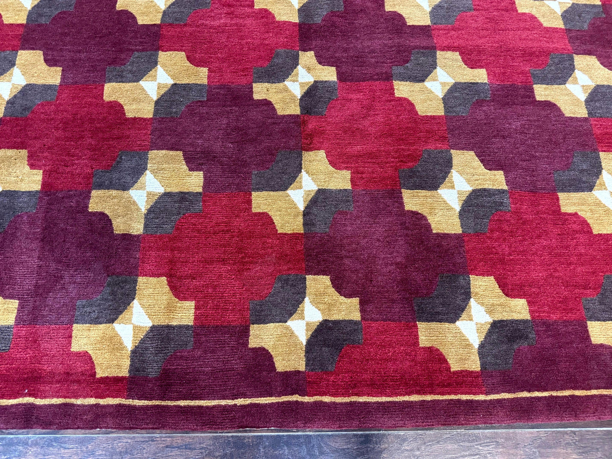 Modern Tibetan Rug 5 x 6.8, Wool, Red, Allover Pattern, Nepali Rug, Abstract Rug, Handmade Area Rug - Jewel Rugs, view 5