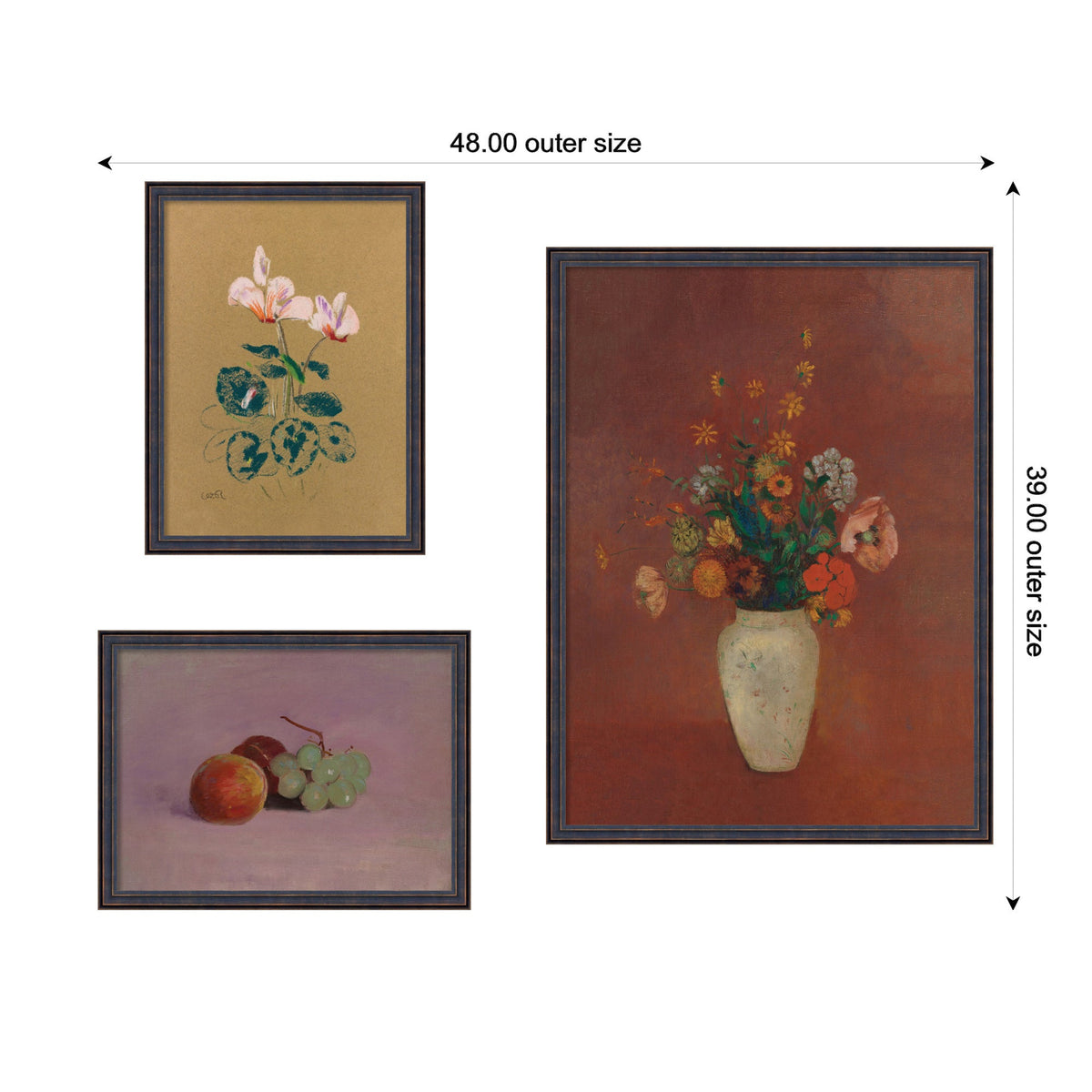 Cyclamen, Still Life with Fruit, & Bouquet in a Chinese Vase Odion Redo 3 Piece Framed Wall Art Print Set by Nostalgia Prints