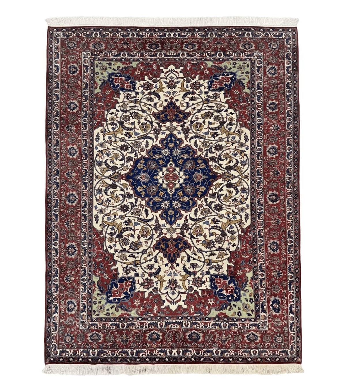 Wonderful Persian Isfahan Rug 7x9, Ivory Navy Blue Red, Floral Medallion, Very Finely Hand Knotted 260 KPSI, Handmade Wool Vintage Rug - Jewel Rugs
