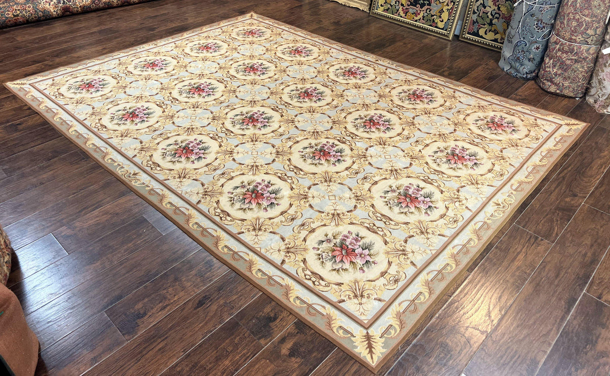 Chinese Needlepoint Rug 8x11, Handmade Wool Needlepoint Carpet, Vintage, Sky Blue - Jewel Rugs, view 3