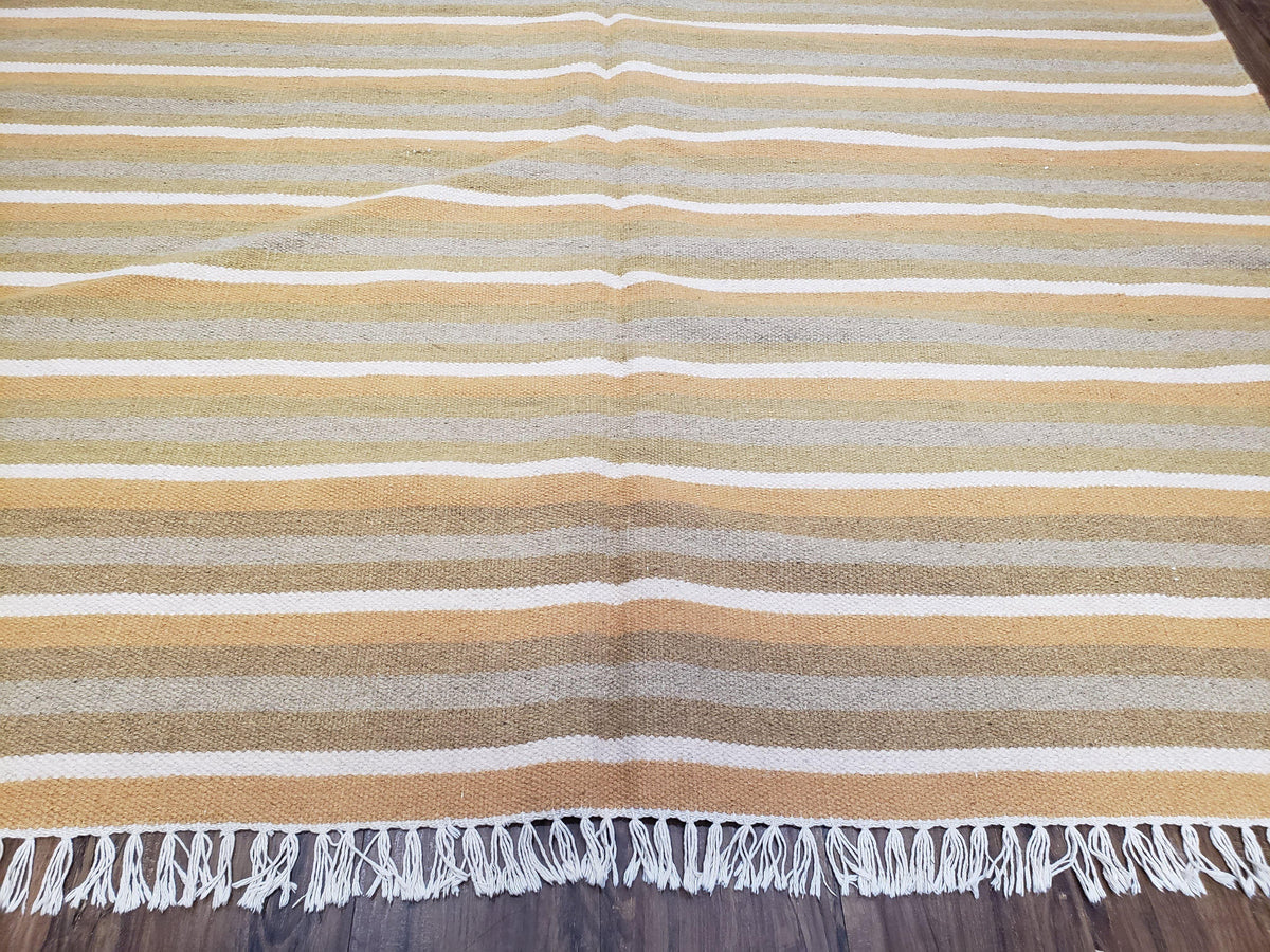 New Indian Kilim Area Rug, 6x8 - 7x8 South American Style Blanket, Striped Indian Wool Hand-Woven Flat Weave 6x9 Bedroom Rug, Ivory Ochre - Jewel Rugs, view 5