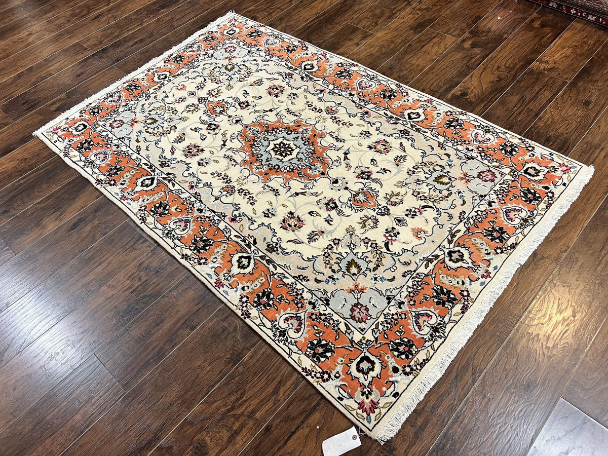 Persian Tabriz Rug 4.5  x 6.8, Finely Hand Knotted Wool with Silk Highlights Vintage Oriental Carpet, Cream and Salmon, High KPSI, Floral Medallion - Jewel Rugs, view 13