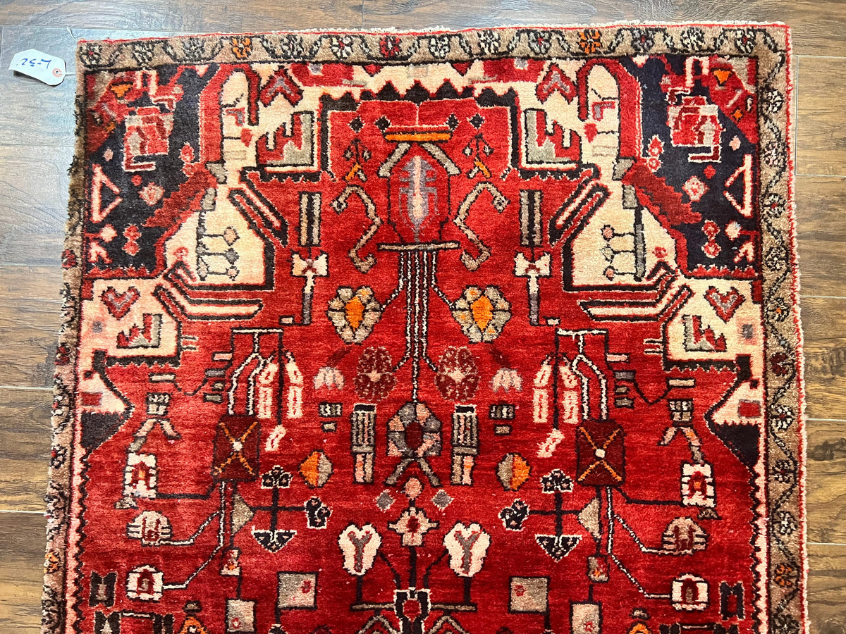Antique Persian Tribal Rug 4 x 8, Geometric Medallion, Boho Rug, Wool Handmade Rug, Red 4x8 Rug, Persian Hamadan Rug - Jewel Rugs, view 4