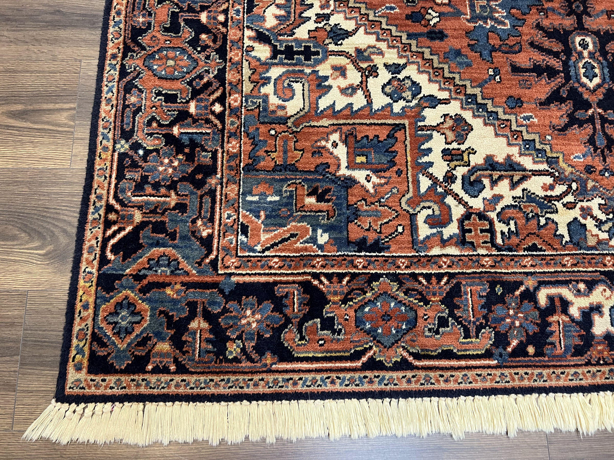 Heriz Rug 5.6 x 8, Geometric Medallion, Wool Oriental Carpet, Tribal Boho Rug, Red Navy Blue Cream, Belgium Power Loomed Rug, Medium Sized - Jewel Rugs, view 9