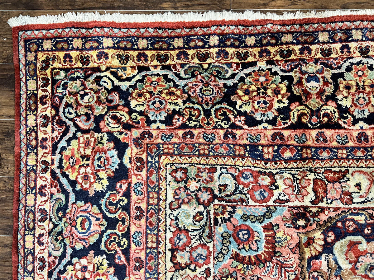 Persian Sarouk Rug 11x14, Semi Open Field, Large Antique Persian Wool Handmade Carpet, Red and Dark Blue, Floral - Jewel Rugs, view 6