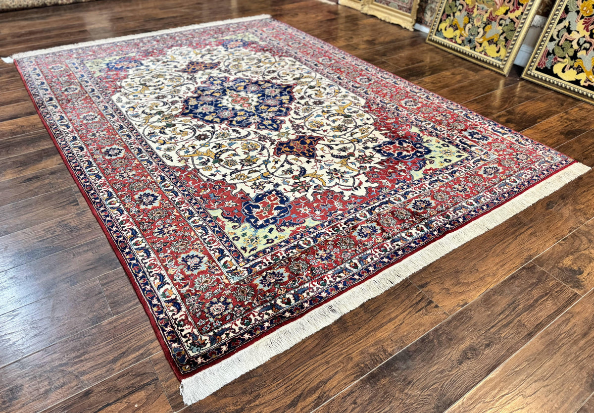 Wonderful Persian Isfahan Rug 7x9, Ivory Navy Blue Red, Floral Medallion, Very Finely Hand Knotted 260 KPSI, Handmade Wool Vintage Rug - Jewel Rugs, view 3