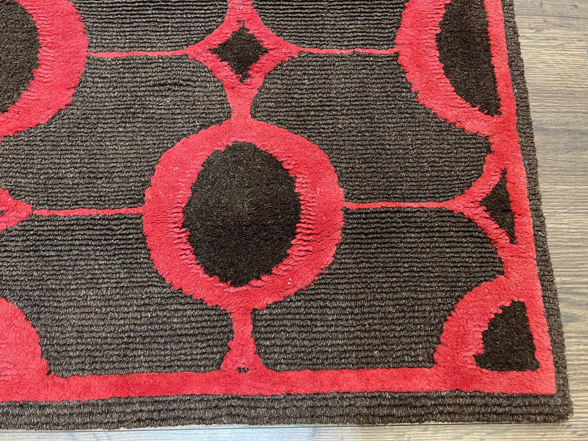 Modern Tibetan Rug 3.8 x 5.7, Raspberry Red and Dark Brown, Abstract Circle Design, Hand Knotted, Soft Wool Handmade Tibet Nepali Carpet 4x6 - Jewel Rugs, view 10