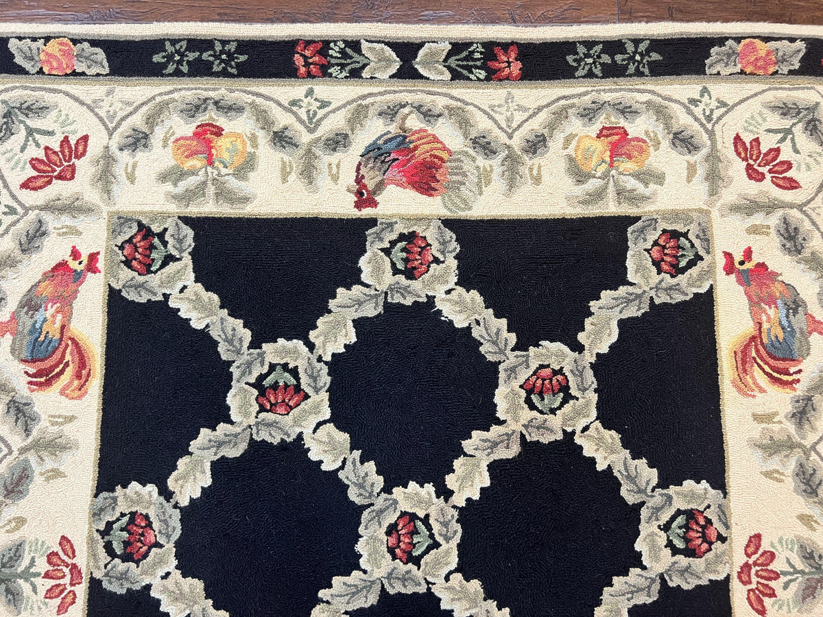 Hooked Rug 5x8, European Aubusson Pattern, Black and Ivory, Roses & Roosters, Vintage Wool Rug - Jewel Rugs, view 4