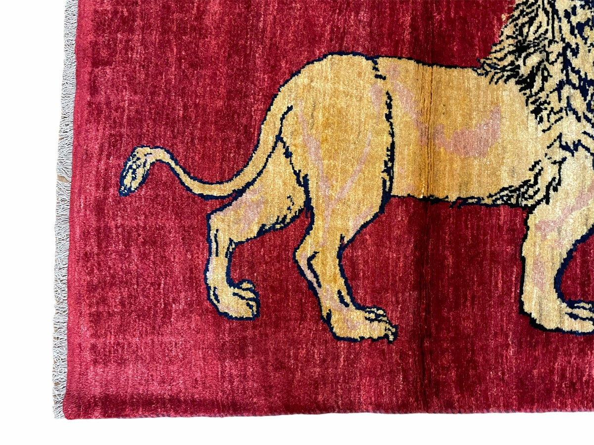 3 X 5 Handmade Hand-Knotted Quality Wool Rug New Vintage Lion Red Pictorial - Jewel Rugs, view 6