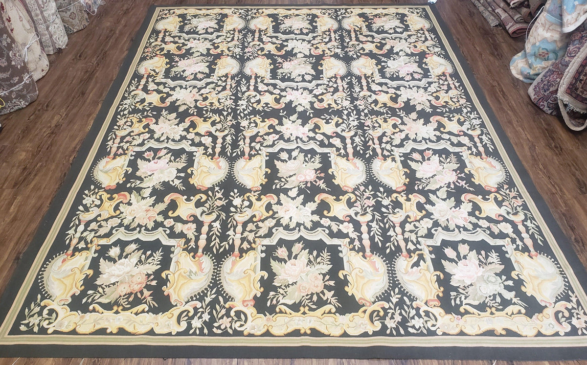 Vintage Black Aubusson Area Rug 8x10, Large Flowers Chinese Aubusson Carpet 7.9 x 10, Wool Hand-Knotted Floral Pattern Flat Weave Rug Nice - Jewel Rugs, view 12