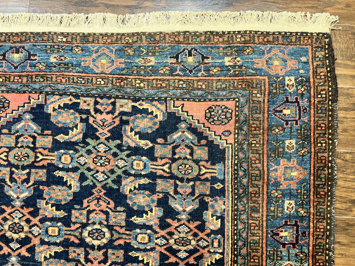 Antique Persian Tribal Rug 5x7, Navy Blue & Pink, Hand Knotted Handmade 1920s Wool Rug, Allover Pattern, Persian Hamadan Rug - Jewel Rugs, view 8