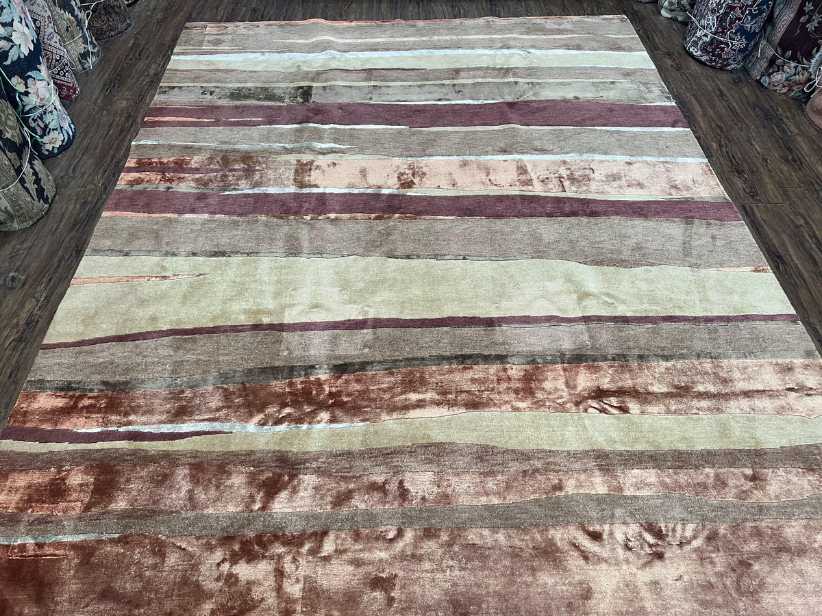 Modern Tibetan Rug 8x11 Nepali Carpet, Shiny Velvely Soft Wool and Silk, Contemporary Hand Knotted Rug, Striped Design, Wool Area Rug 8 x 11 - Jewel Rugs, view 2