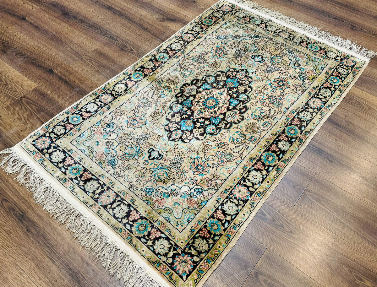 Indian Kashmiri Silk Rug 3x5, Floral Medallion, Fine 200 KPSI - Jewel Rugs, view 2