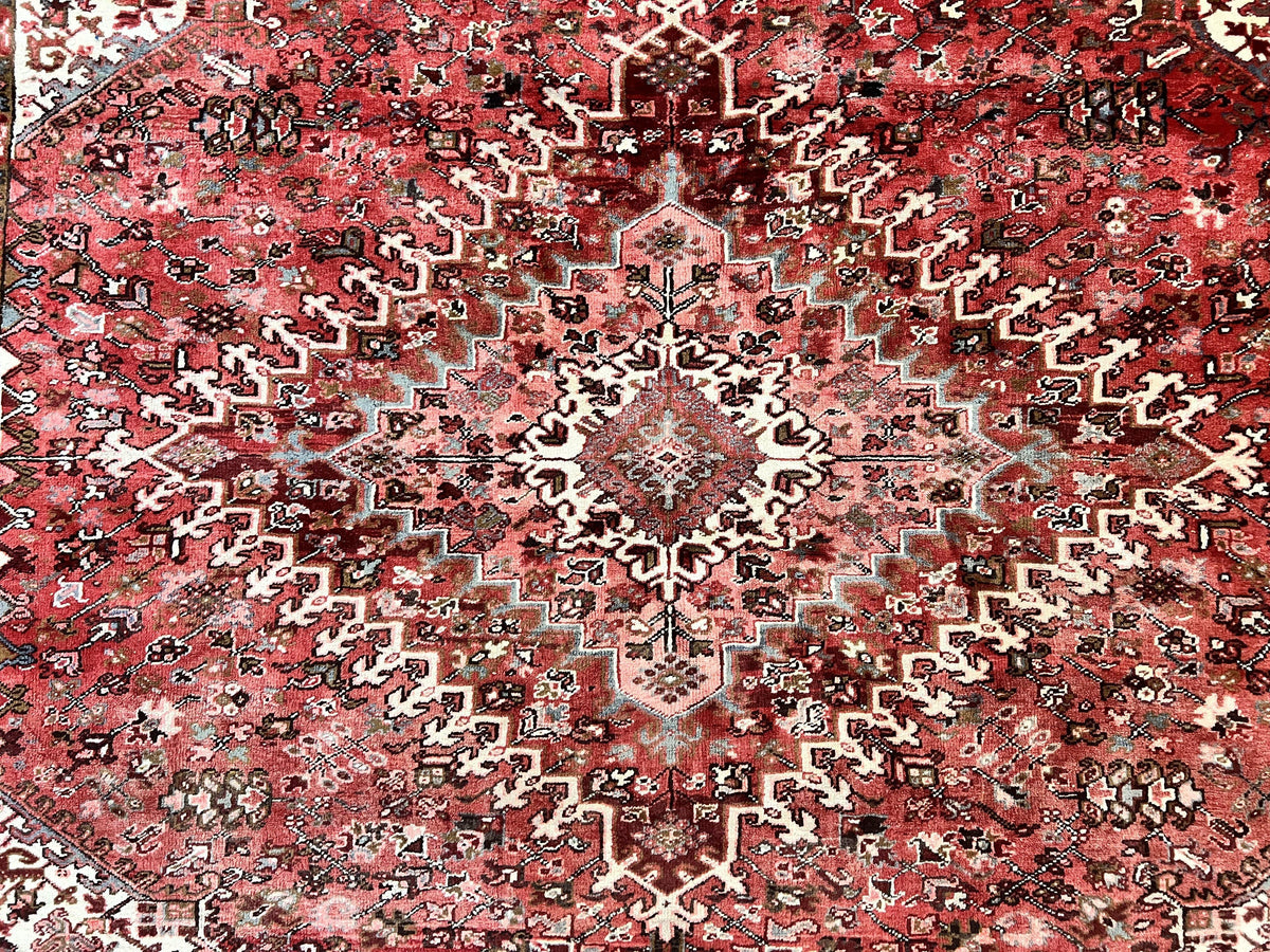 Large Persian Heriz Rug 10x13, Red and Cream Geometric Tribal Room Sized Handmade Wool Hand Knotted Semi Antique Decorative Oriental Carpet - Jewel Rugs, view 5