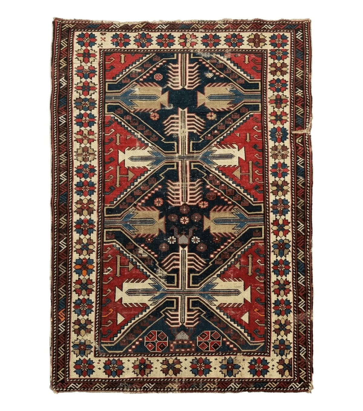Antique Shirvan Caucasian Rug 3x5, Geometric Pattern, Red Navy Blue Beige - Jewel Rugs