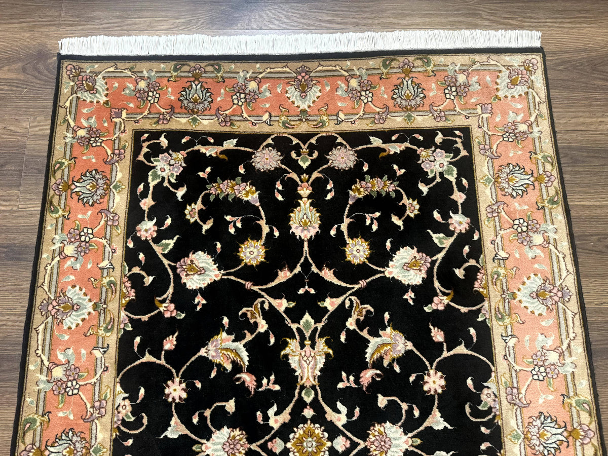 Persian Tabriz Rug 3x5 Black and Salmon Floral Fine Handmade 360 KPSI - Jewel Rugs, view 4