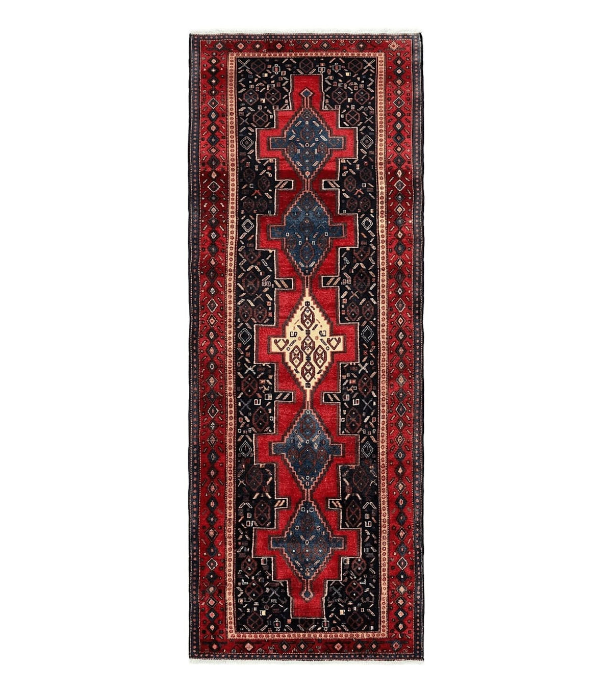 Persian Kurdish Senneh Runner Rug 3x9, Red Navy Blue, Medallions Wool Tribal Runner for Kitchen/Hallway 9ft Antique Handmade Oriental Runner - Jewel Rugs