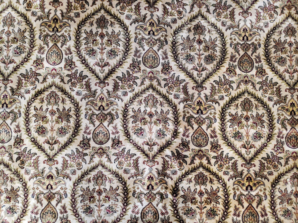 Vintage Indo Persian Area Rug 9x12, Wool Hand-Knotted Ivory & Dark Red Oriental Carpet, Fine Weave 9 x 12 Indian Rug, Dining Room Rug - Jewel Rugs, view 5