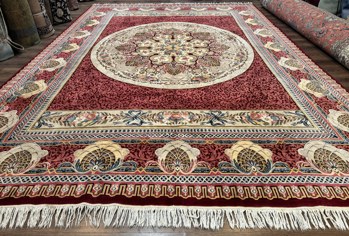 Wonderful Aubusson Rug 10x14, Red Maroon, Elegant, Fine 200 KPSI - Jewel Rugs