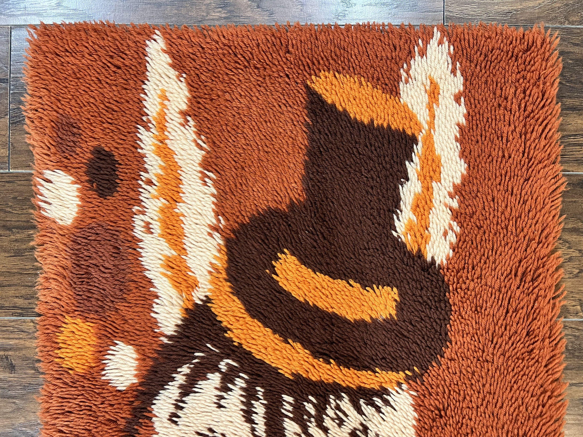 Rya Shag Rug 2x4, Rabbit in Top Hat, Wool, Orange, Vintage 1960s Danish Shag Rug - Jewel Rugs, view 4