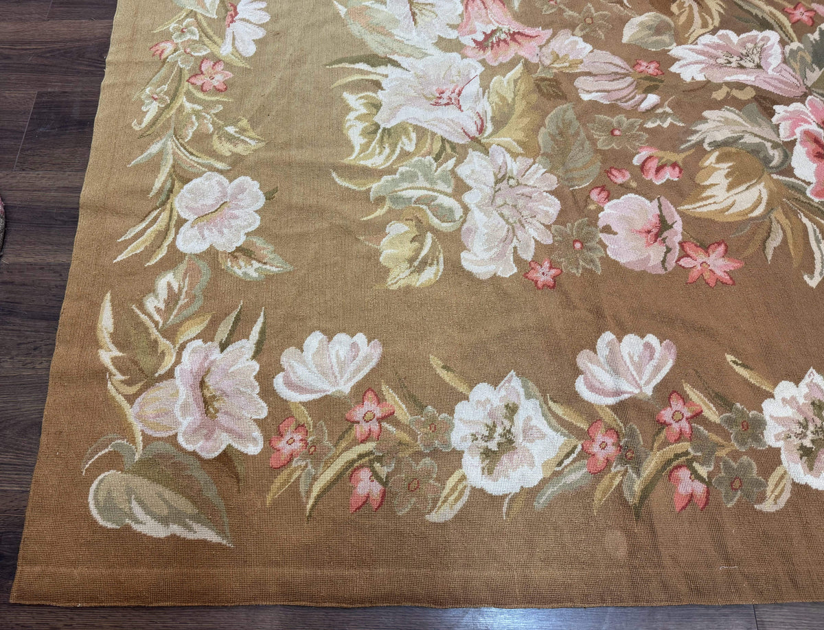 Large Needlepoint Rug 11x14, Vintage Floral Wool Carpet, Caramel - Jewel Rugs, view 8