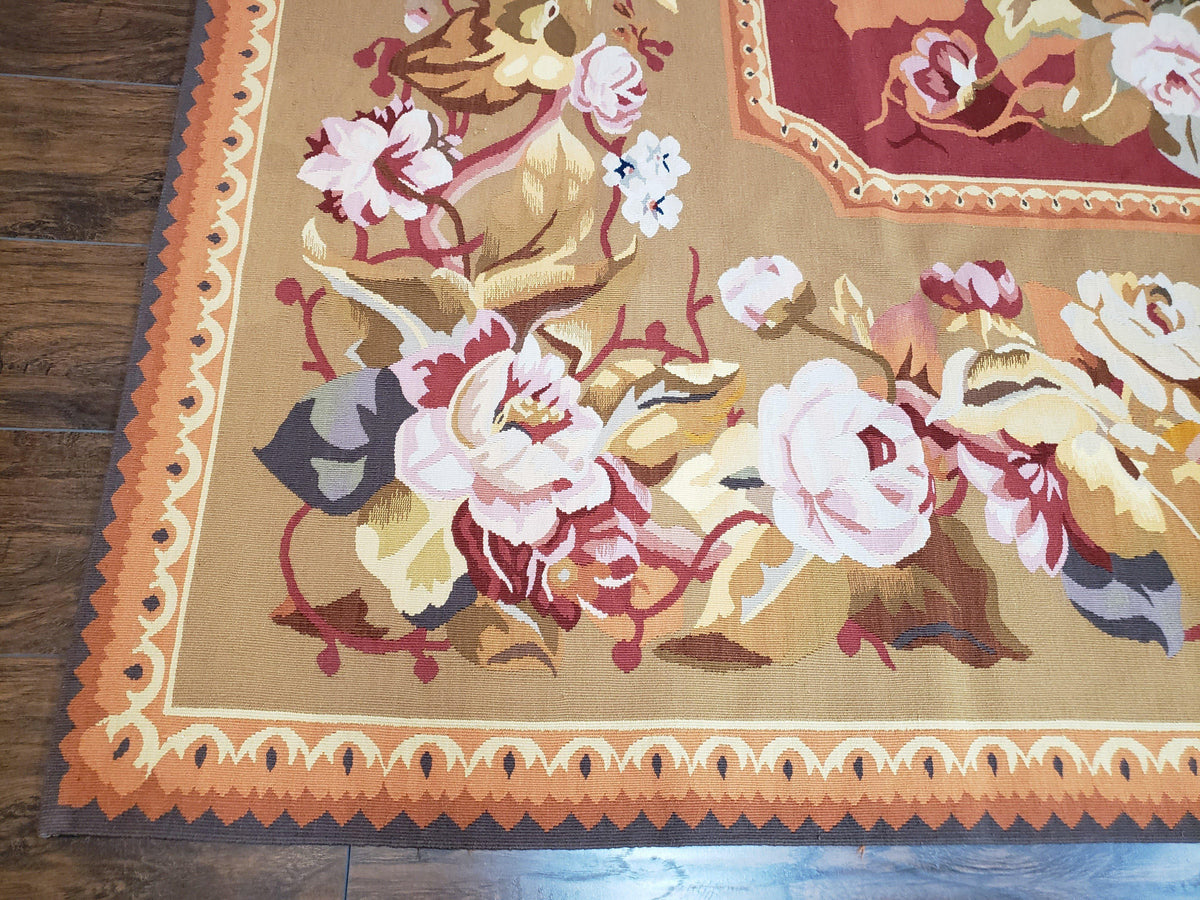 Vintage Chinese Aubusson Savonnerie Flat Pile Rug 9.9 x 14.5 Wool Handwoven Red & Khaki Large Flowers Rug 9x14 - 10x15 Michaelian Kolhberg - Jewel Rugs, view 9