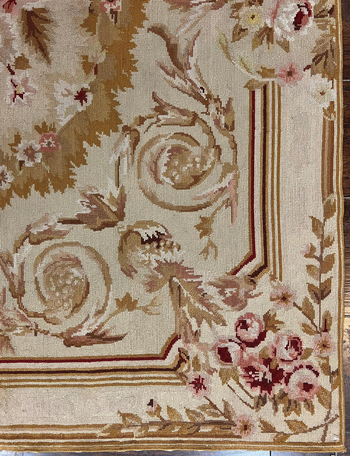 Aubusson Needlepoint Rug 4x5 ft, Beige and Tan, Aubusson Savonnerie Vintage Carpet, Handwoven Handmade Wool Rug, European Design Floral Rose - Jewel Rugs, view 10