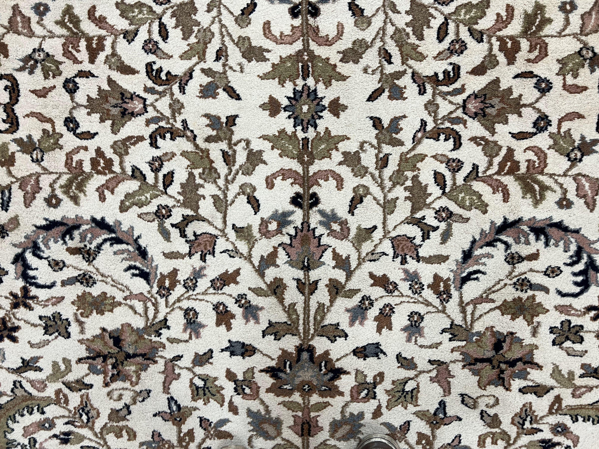 Indo Kirman Rug 8x12 Allover Floral Design, Ivory/Cream Brown, Vintage Handmade Hand Knotted Rug, Traditional Wool Persian Carpet 8 x 12 - Jewel Rugs, view 5