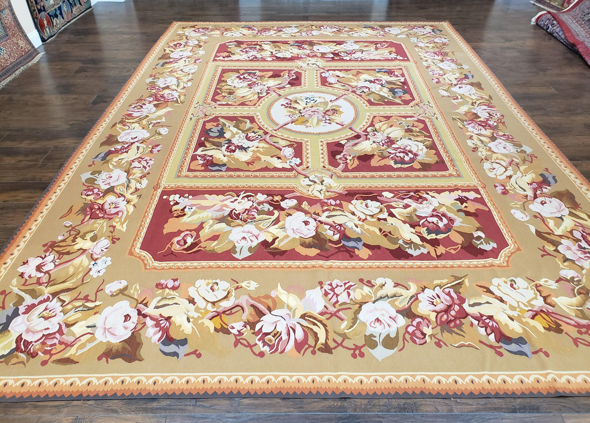 Vintage Chinese Aubusson Savonnerie Flat Pile Rug 9.9 x 14.5 Wool Handwoven Red & Khaki Large Flowers Rug 9x14 - 10x15 Michaelian Kolhberg - Jewel Rugs, view 2