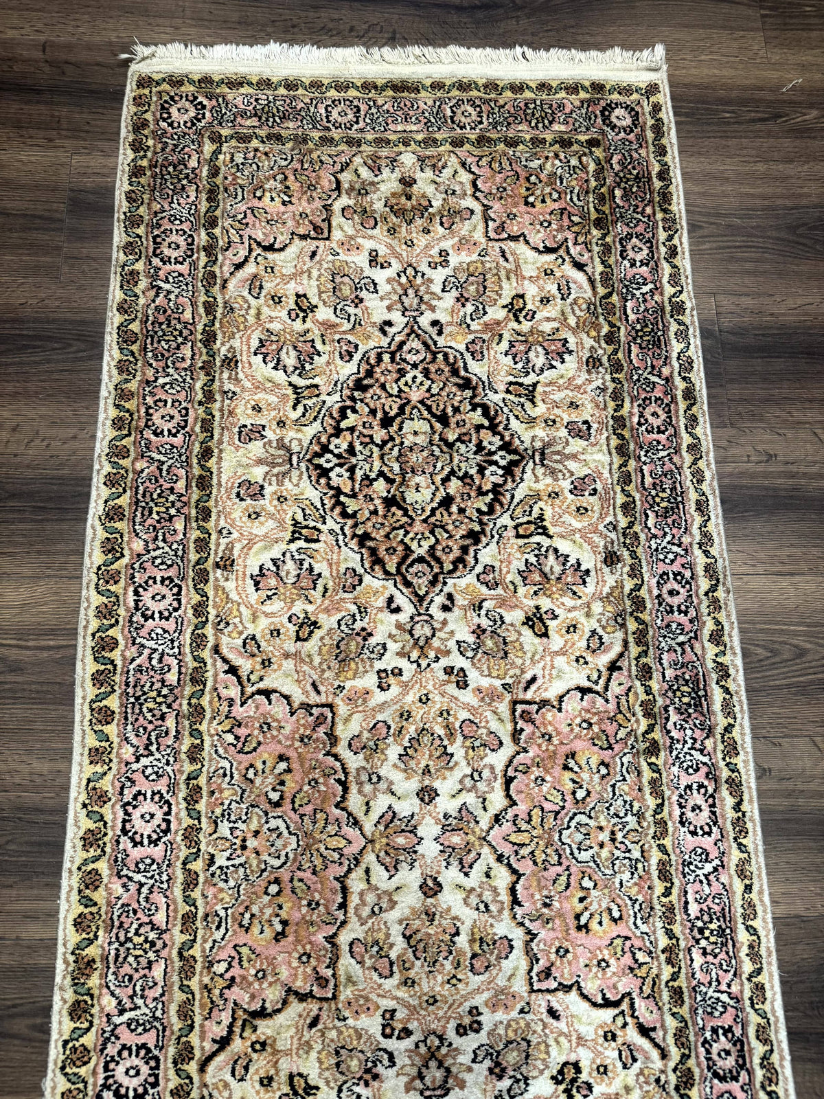 Silk Indian Kashmiri Runner Rug 2.7 x 9.8, Floral Medallions - Jewel Rugs, view 7