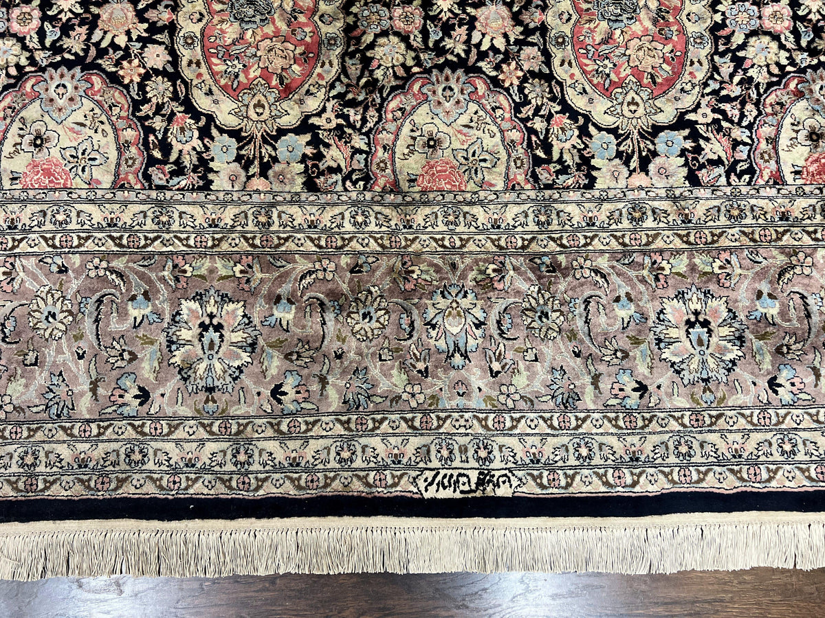 Sino Persian Rug 9x12, Navy Blue and Pink Hand Knotted Wool and Silk Highlights Vintage Oriental Carpet, Handmade Floral Area Rug 9 x 12 ft - Jewel Rugs, view 5