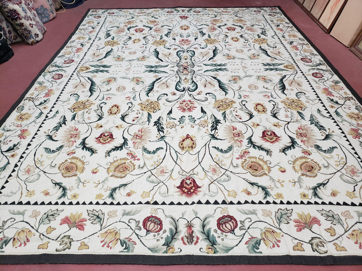 New Needlepoint Rug 9x12, Hand Woven Wool Area Rug, Flatweave Carpet, Handmade Chinese Needlepoint, Floral European Design, Ivory Background - Jewel Rugs, view 2
