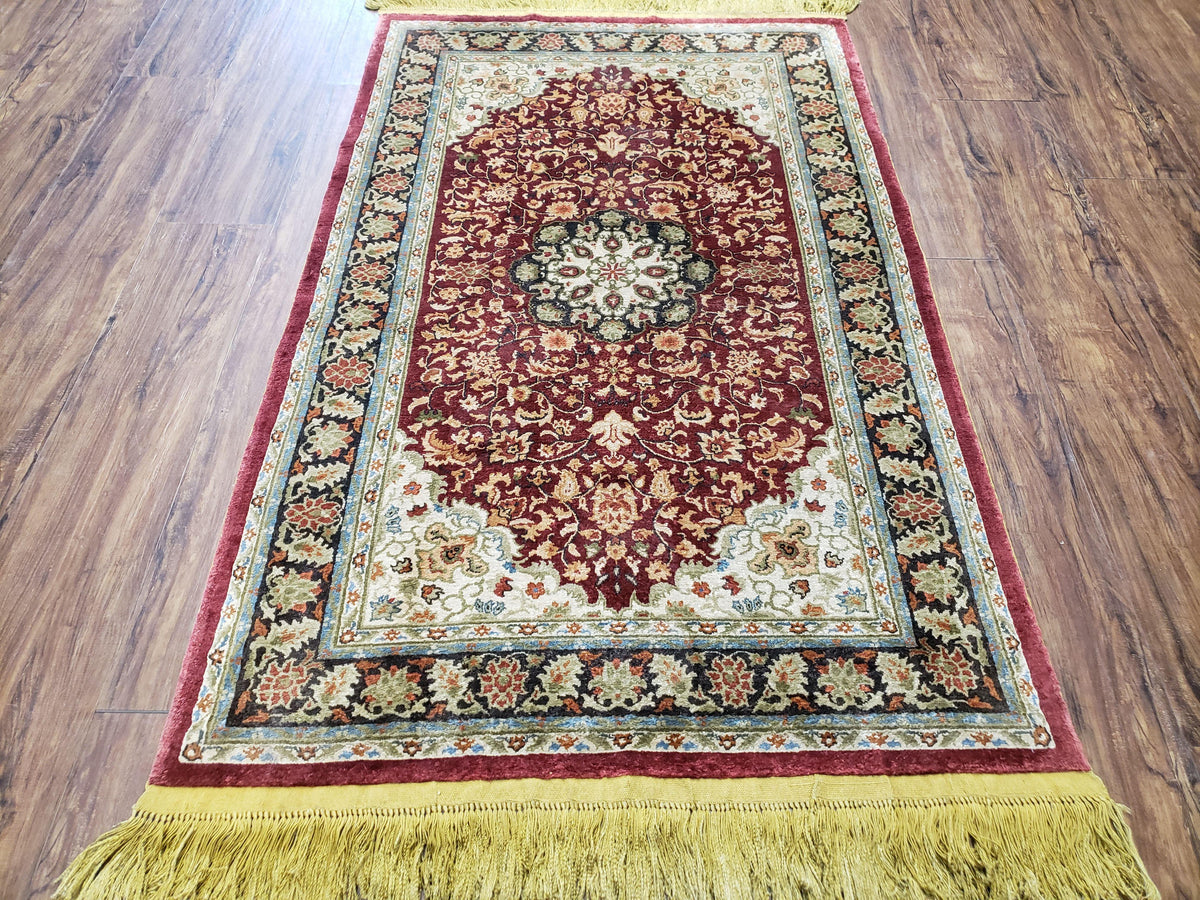 3x5 Silk Hand-Knotted Rug, Silk Oriental Carpet 5 x 3, Red & Ivory, Floral Medallion, Gold Fringes, Semi Antique Vintage Traditional Rug - Jewel Rugs, view 2
