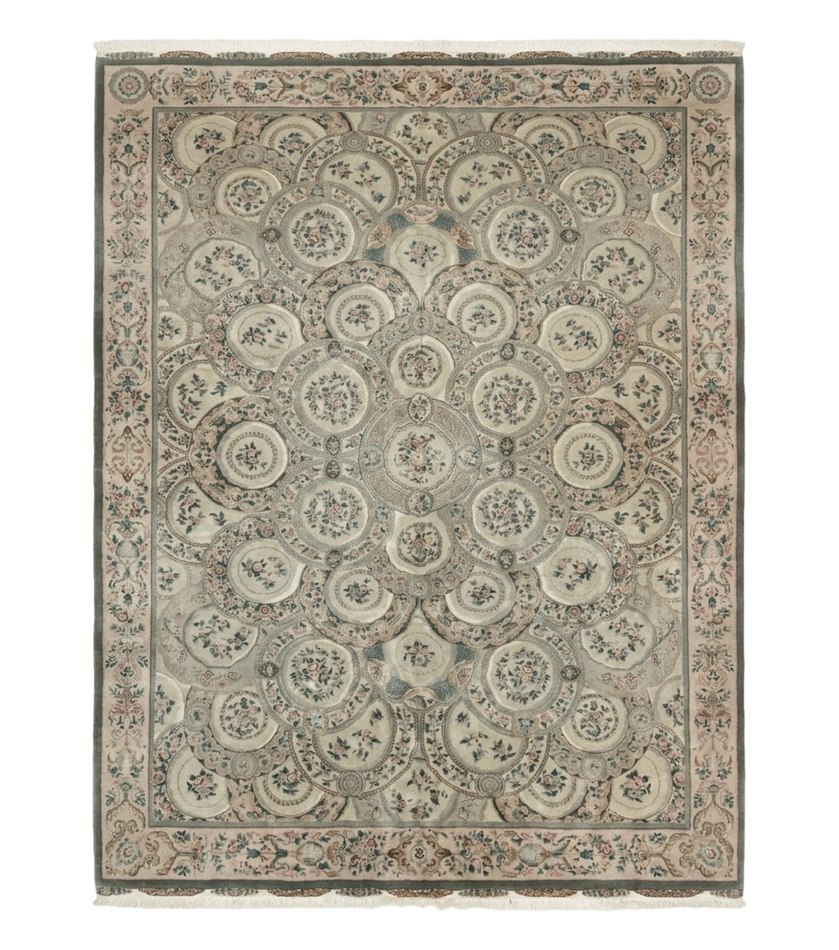Pak Persian Rug 9x12, Wool with Silk Highlights, European Design, Floral, Green - Jewel Rugs
