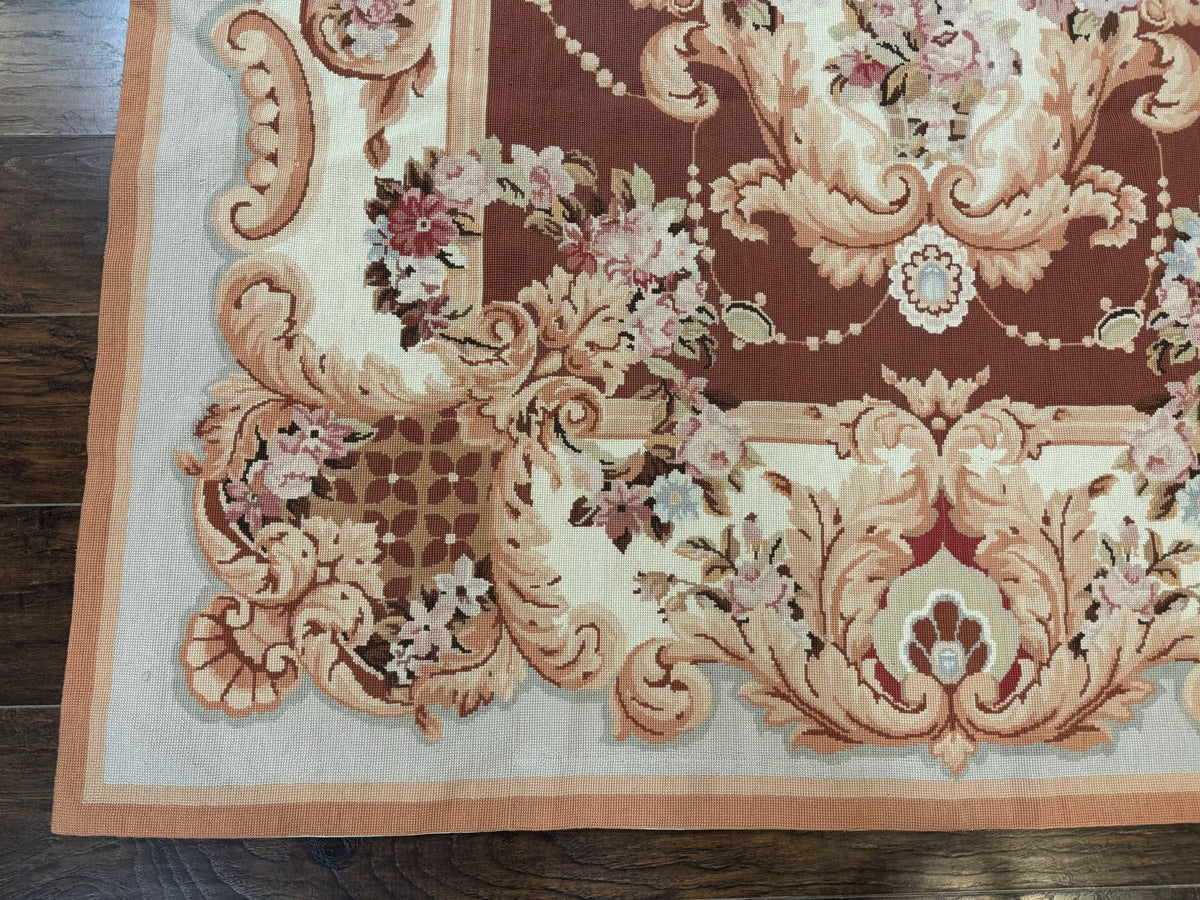 Vintage Needlepoint Rug 6x9, Aubusson Rug, Flatweave Wool Elegant Carpet, Medium Size, French European Design - Jewel Rugs, view 8