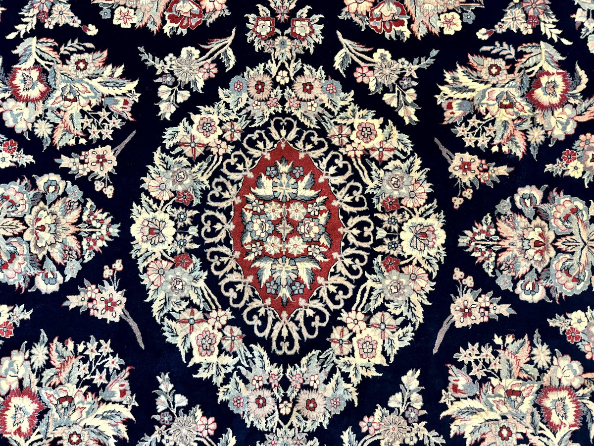 Sino Persian Rug 8x10, Floral Kirman Carpet, Navy Blue and Red, Floral Vases, Handmade Vintage Wool Carpet, 320 KPSI - Jewel Rugs, view 5