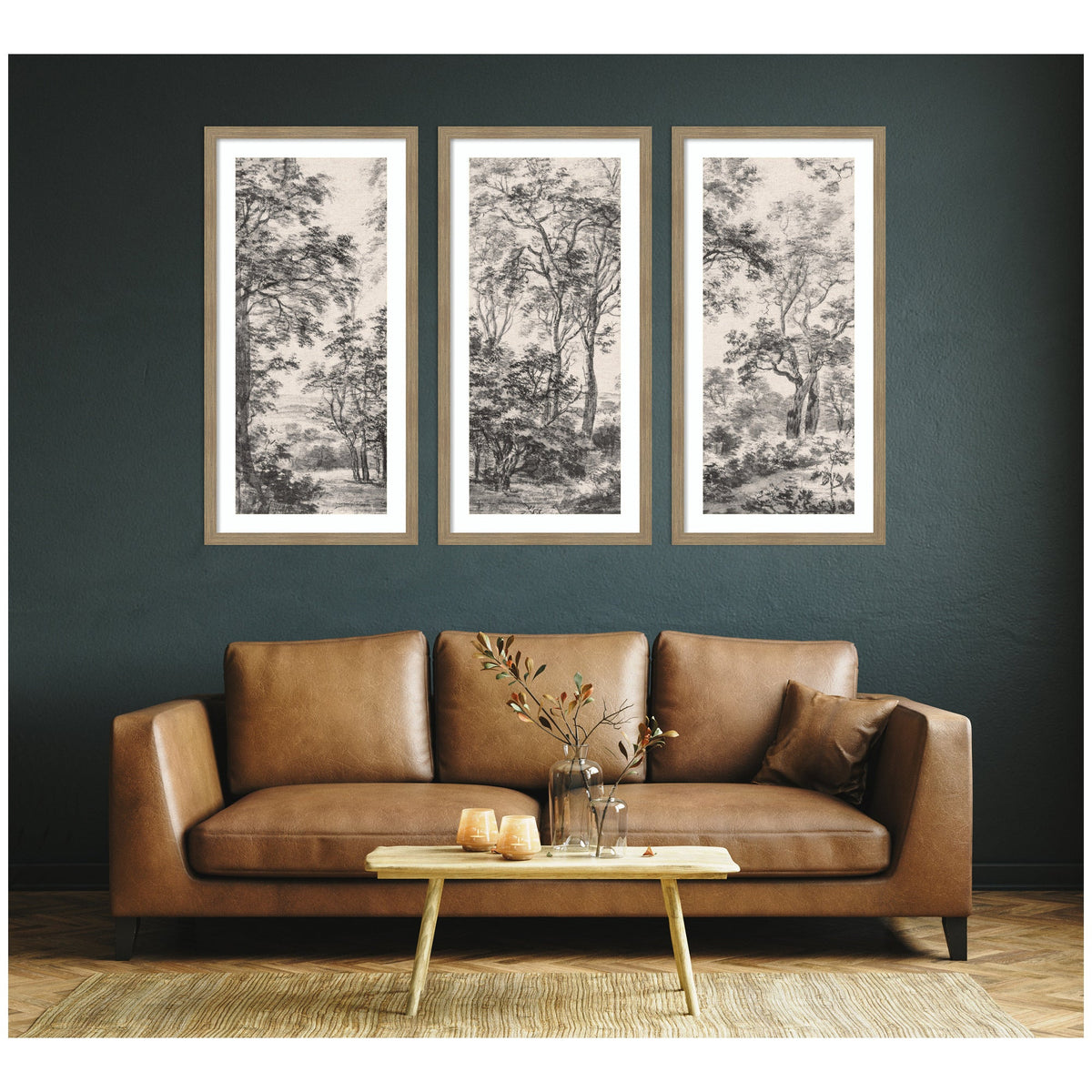 Wooded Landscape after 1648 Antonie Waterloo Linen Panel 3 Piece Framed Wall Art Print Set by Nostalgia Prints