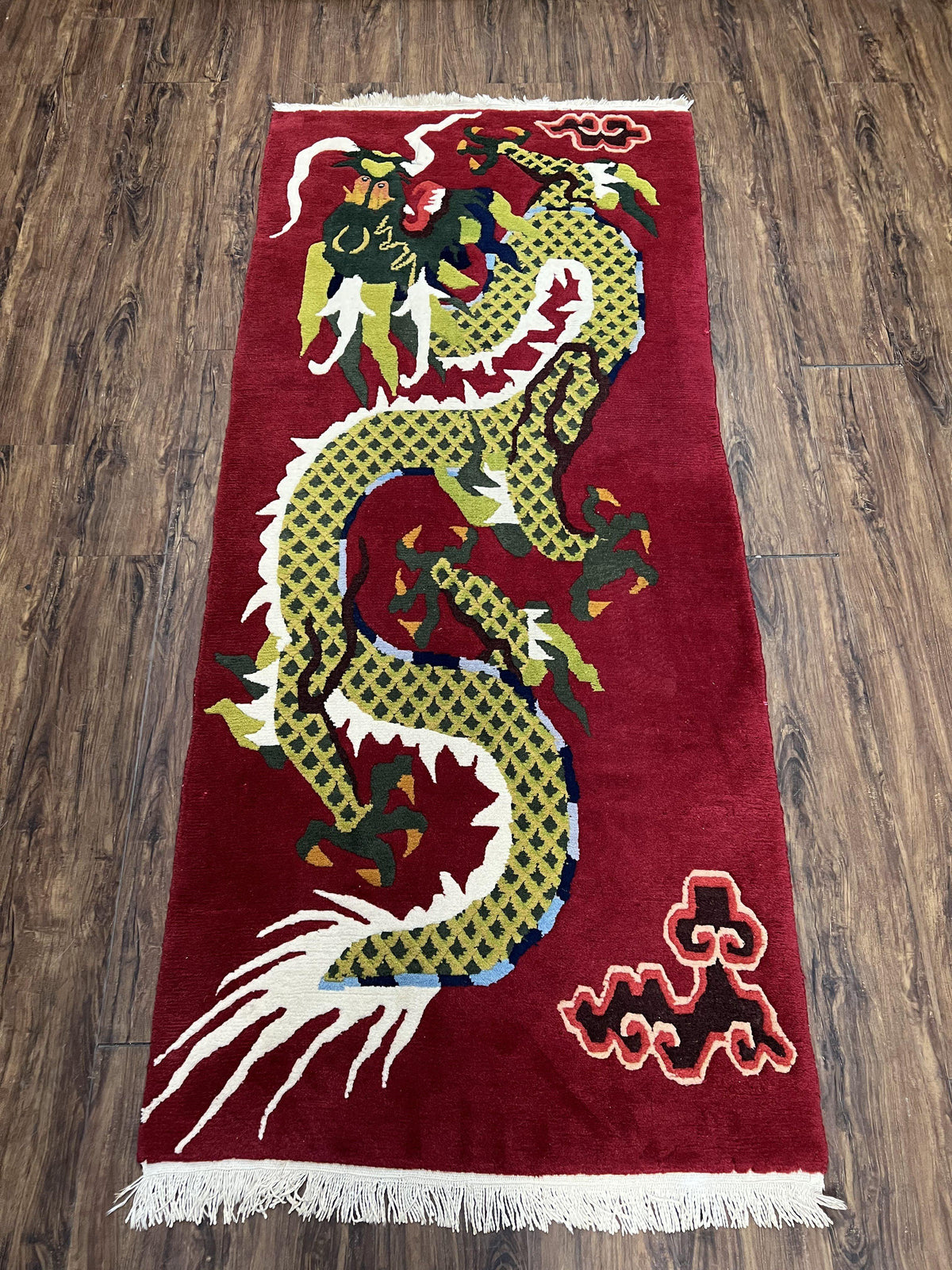 Vintage Chinese Dragon Rug 3 x 6.8, Handmade Hand Knotted Red Chinese Carpet with Gold Dragon, Art Deco Peking Soft Chinese Rug Runner - Jewel Rugs, view 2