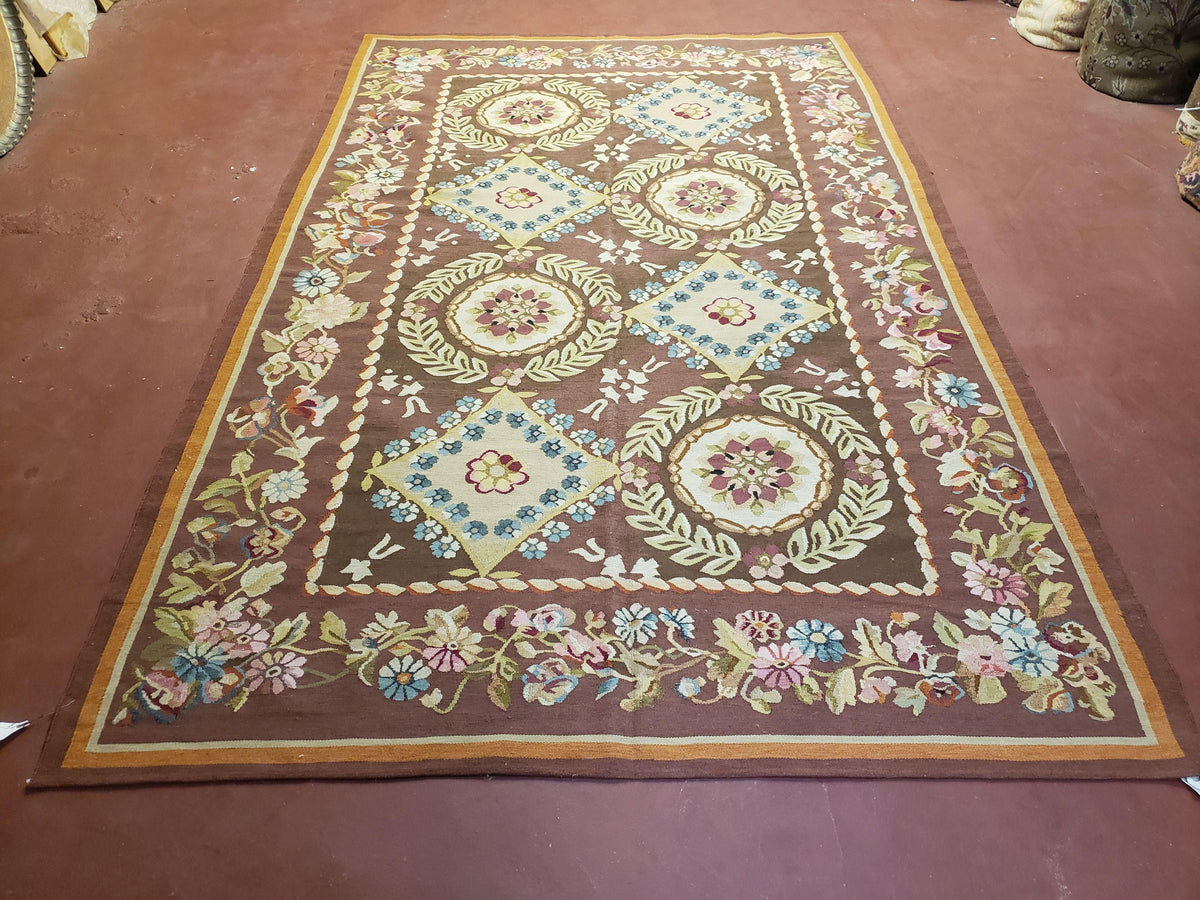 Aubusson Rug 6 x 9 Flat Weave Area Carpet European Design Flowers New Brown Rug Handmade Wool Hand-Knotted Aubusson Weave Medium Rug 6x9 - Jewel Rugs, view 2