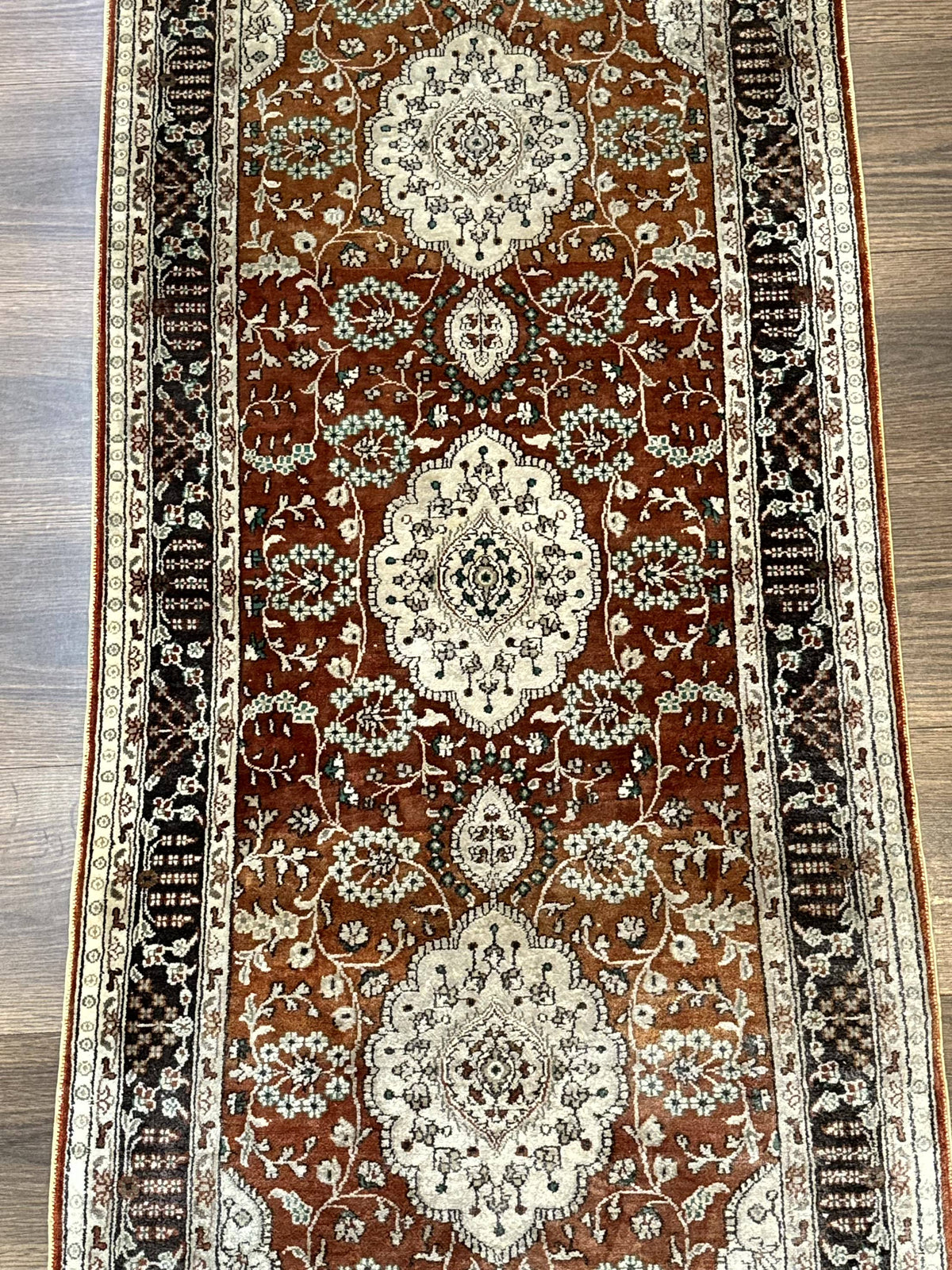 Turkish Silk Narrow Runner Rug 2 x 5.8, Very Fine 340 KPSI, Floral Medallions, Red - Jewel Rugs, view 5