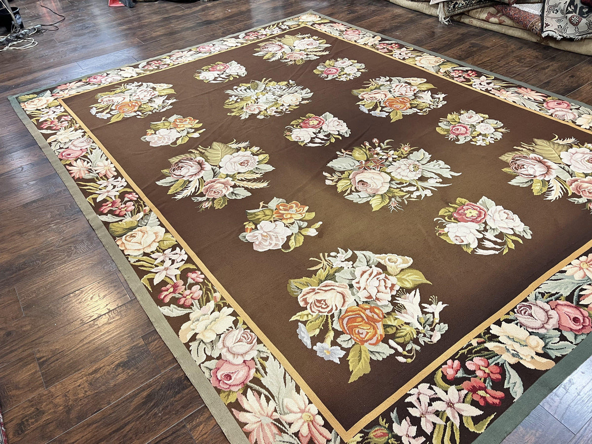 Vintage Needlepoint Rug 9x12, Large Handmade Hand-woven Needlepoint Carpet, Brown Area Rug, Floral Bouquets, Wool Rug, European Design - Jewel Rugs, view 13
