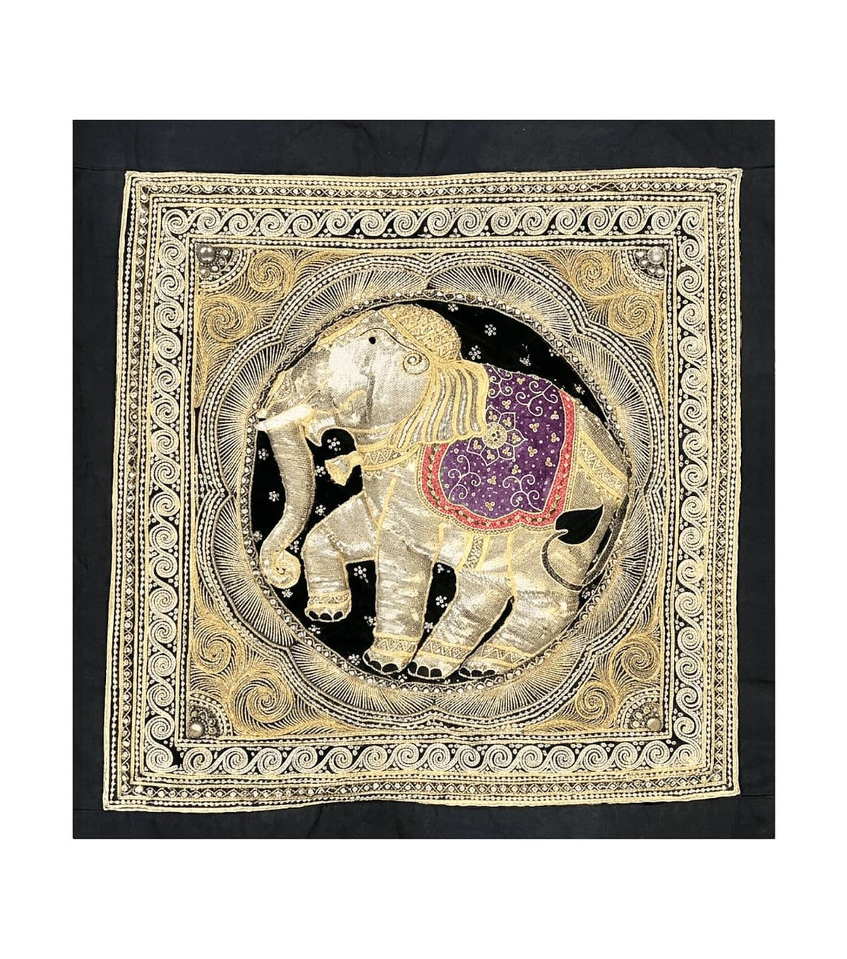 Indian Embroidery 3x3, Elephant Design, Detailed Needlepoint, Beadwork - Jewel Rugs