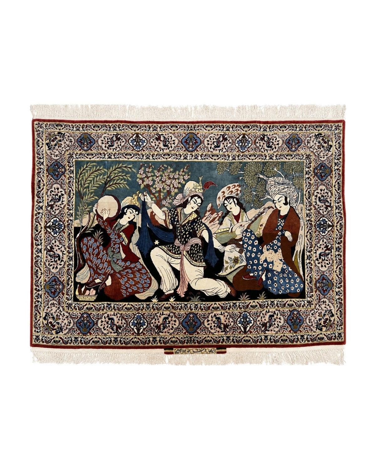 Persian Pictorial Rug 5 x 4 ft, Persian Isfahan Rug, Kork Wool on Silk Foundation, Signature from Master Weaver, Drums and Musical Instruments, Birds, Detailed - Jewel Rugs