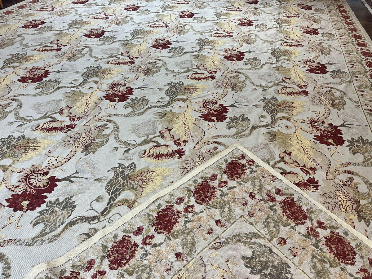 Extra Large Needlepoint Rug 14 x 20, Vintage Handwoven Handmade Wool Flatweave Carpet, Allover Floral Pattern, Elegant European Deisgn Rug - Jewel Rugs, view 10