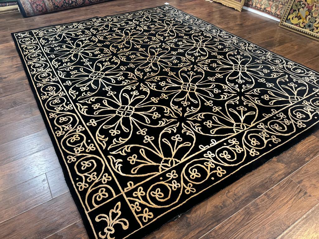 Tibetan Rug 8x10, Wool and Silk, Raised Pattern, Black and Gold, Floral - Jewel Rugs, view 13