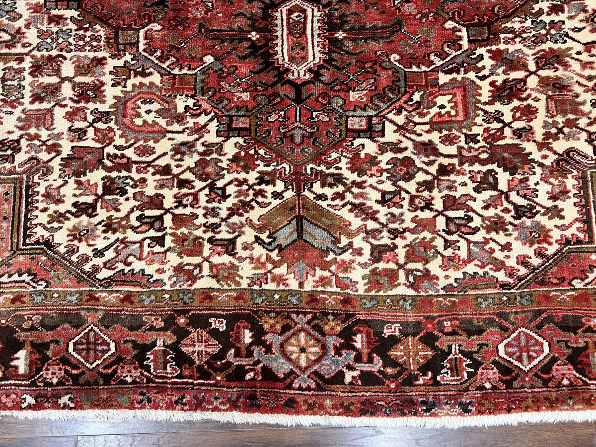Large Persian Heriz Rug 10x13, Red and Cream Geometric Tribal Room Sized Handmade Wool Hand Knotted Semi Antique Decorative Oriental Carpet - Jewel Rugs, view 6